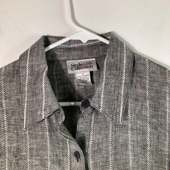Womens Style & Co Collection Linen Button Shirt Gray Black White 10 Long Sleeve - Picture 4 of 8